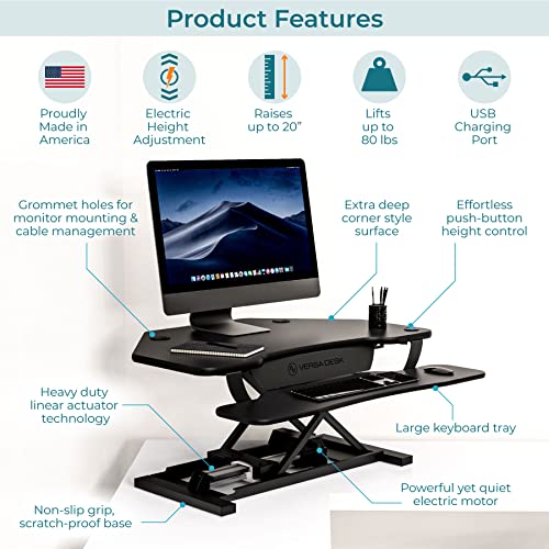 VERSADESK PowerPro 36" Corner Standing Desk Converter, 36 Inch Motorized Height-Adjustable Standup Desk Riser Sit to Stand Desktop with Keyboard and Mouse Tray + USB Charging Port, Black