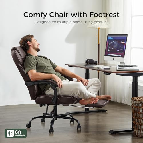 amseatec Big and Tall Office Chair with Footrest, Ergonomic Leather High Back Computer Chair Infinite Lock Reclining 90°-135°,20 Spring Packs,300lbs Executive Desk Chair for Home Office（Brown）