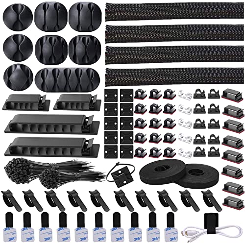 DRIVUU 311Pcs Cable Management Organizer Kit 4 Cable Sleeve Split,53Cable Clips 12Cord Clips Holder,22 Cable Ties, 20 Adhesive Wall Cable Tie, 200Fasten Cable Ties for TV Office Home Electronics
