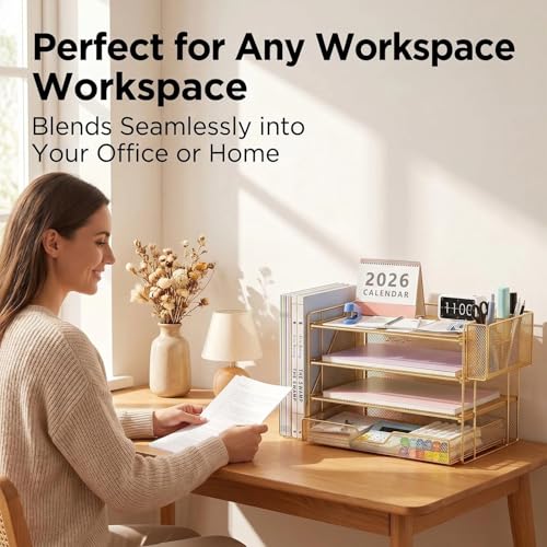 OPNICE Desk Organizers and Accessories, 4-Tier Office Desk Accessories & Workspace Organizers with Drawer and Pen Holder, Desktop Paper Tray File Organizer for Home Office Supplies, Gold