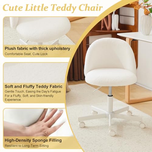 VINGLI Modern Vanity Chair with Back, Velvet Desk Chair for Girls, Small Office Chair with Silent Wheels， Stylish and Comfortable, White