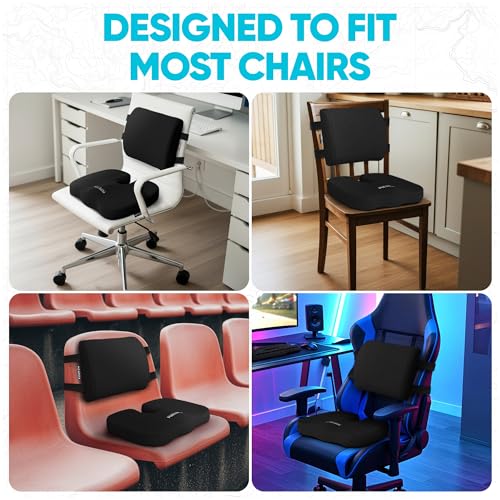 FORTEM Seat Cushion, Office Chair Cushion, Lumbar Support Pillow for Office Chair, Memory Foam Car Seat Cushions, Sciatica Coccyx Tailbone Pain Relief, Cushions for Back Support, Washable, Non Slip