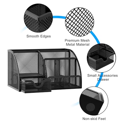 EasyPAG Mesh Desk Organizer with Drawer Multi-functional Pen Holder Stationery Organizer for Office School Supplies 6 Compartments Dorm Organizers and Storage for Desk, Black