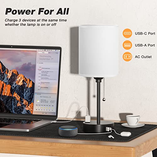 Small Bedside Table lamp for Bedroom - 3 Color Temperatures Bedside Lamps with USB C and A Ports, Pull Chain Table Lamps with AC Outlet, White Nightstand Lamps with Black Metal Base for Kids Reading