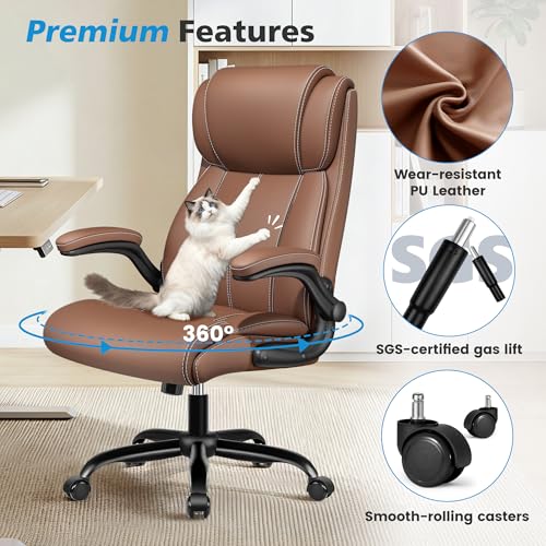 Stella Mia Ergonomic Office Chair – High Back Leather Desk Chair with Adjustable Lumbar Support & Flip-Up Arms, Premium Padded Seat for Home Office Desk, Brown