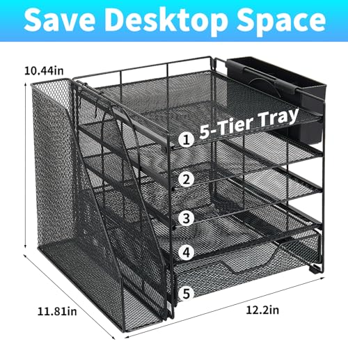 Gugsey Desk Organizers and Accessories, 5-Tier Paper Letter Tray Organizer with File Holder, Drawer & Pen Holder, Office Desk Accessories, Desktop Organizer for Classroom Office Supplies, Black