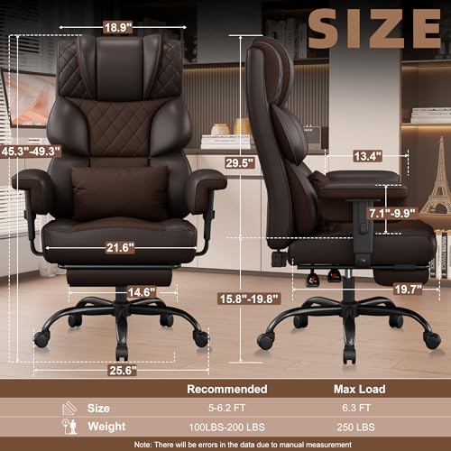 Vonesse Big and Tall Office Chair, Desk Chair with Soft Adjustable Armrests, Ergonomic High Back Gaming Chair with Lumbar Support, Executive Computer Chairs with Footrest (PU Leather, Brown)
