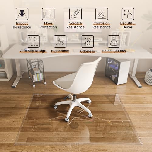 55“x46” Beveled Edge Tempered Glass Chair Mat, 5MM Thick, 1000Lbs Weight Capacity, Clear Ultra-Smooth, Suitable for Hardwood Floors & Carpet, Anti-Scratch Anti-Yellow, Home Office Use