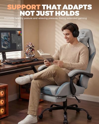 GTPLAYER Gaming Chair with Foot Rest & Pocket Spring Cushion, Ergonomic High Back Computer Desk Chair with Headrest & Lumbar Support for Back Pain Relief, Breathable Fabric, Mist-Blue