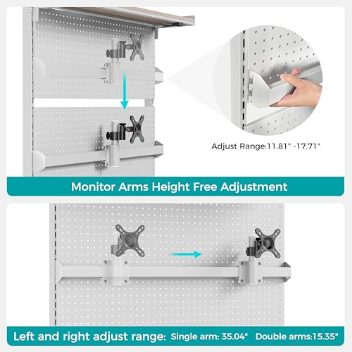 EUREKA ERGONOMIC Desk Pegboard with Dual Monitor Stands, LED Metal Pegboard for Gaming Desk, Privacy Panel with 4 Accessories Modular Hanging, Computer Accessories for Office, 43 x 34 Inch, White