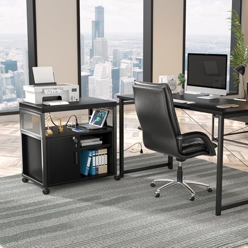 Unikito Lateral File Cabinet, Locking Office Printer Stand with Sockets and USB Charging Ports, Modern Rolling Printer Desk with Storage for A4, Letter Size and File Folders, Black
