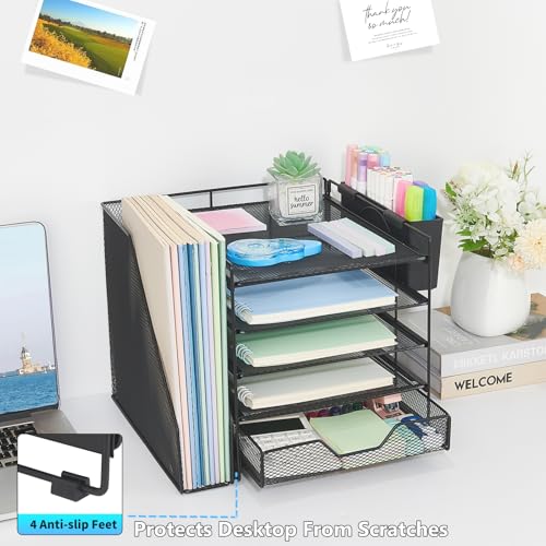 Gugsey Desk Organizers and Accessories, 5-Tier Paper Letter Tray Organizer with File Holder, Drawer & Pen Holder, Office Desk Accessories, Desktop Organizer for Classroom Office Supplies, Black