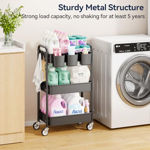 YASONIC 3 Tier Rolling Cart - Metal Utility Cart with Wheels, Hanging Cups, Hooks, Heavy Duty Mesh Rolling Storage Cart Organizer, Craft Cart for Kitchen Office, Lightweight and Sturdy