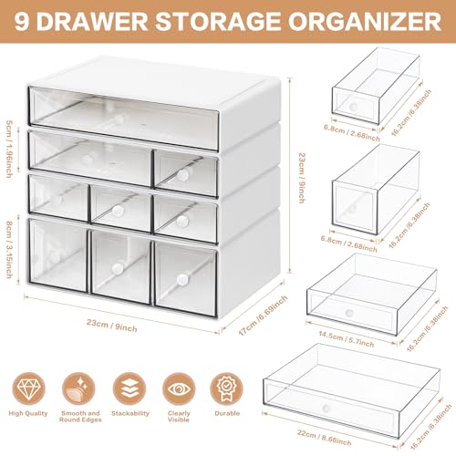 FODIENS Desk Storage Organizer with 9 Drawers, 4 Tiers Stackable Desktop Craft Storage Drawers, Clear Storage Box Caddy for Stationary Makeup Jewelry Office Craft Supplies (White)