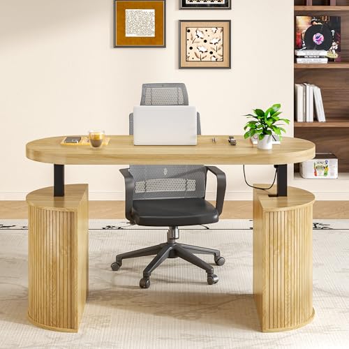 Xyulmeo Mid Century Modern Electric Standing Desk with Storage, 55 x 22 Inch Small Sit Stand Up Desk, Wood Adjustable Height Computer Executive Desk for Home Office, Laptop, Oak