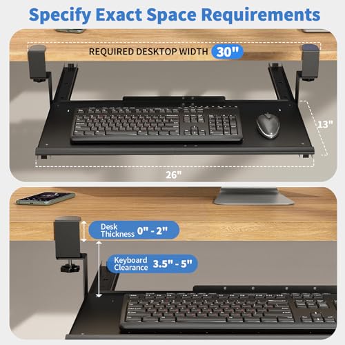 Strifuture Keyboard Tray Under Desk - Full Metal Slide Out Holder, Rust-Resistant & Scratch-Proof, Double C-Clamps, 26x13" Tray for L Shape/Regular Desks, Standing/Sitting Workstation(Black-B)