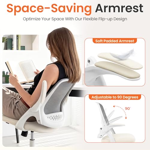 NEO CHAIR Office Chair Computer Desk Chair Ergonomic Gaming Comfy Mesh with Flip-up Arms Lumbar Support Adjustable Height Rolling Wheels for Home Office (Ivory)