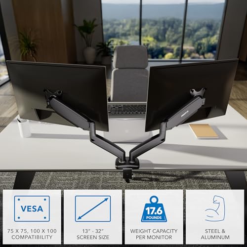 Mount-It! Dual Monitor Desk Mount, Two Independent Gas Spring Arms, Fits 13-32" Screens up to 17.6 lbs Each, VESA 75x75 & 100x100, Full Motion Tilt Swivel Rotate, C-Clamp & Grommet Base