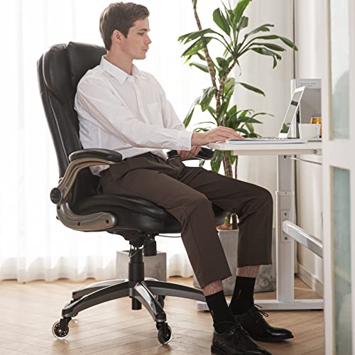 Executive Office Chair-Ergonomic Computer Desk Chair, High Back Leather Chair with Padded Flip-up Arms, Swivel Home Office Chair Upgraded Caster-Black
