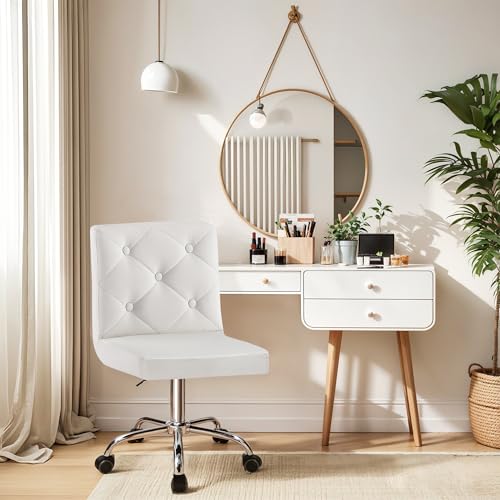VECELO PU Leather Mid-Back Armless Vanity Chair Adjustable Height 360° Rolling Swivel for Home Office Work, White