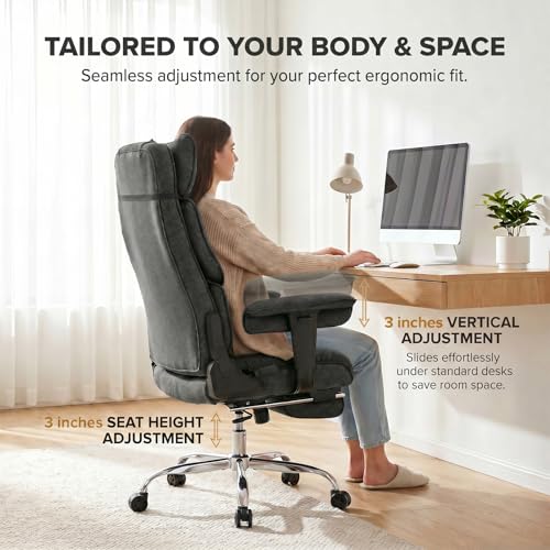 mokodo Big and Tall Office Chair 400lbs, Breathable Fabric Executive Desk Chair with Pocket Spring Cushion, 155° Reclining Computer Chair with Integrated Headrest & Lumbar Pillow (Dark Grey)
