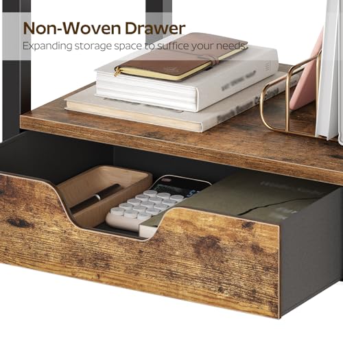 YATINEY Desktop Printer Stand, 2-Tier Printer Table with Non-Woven Drawer, Multi-Purpose Desk Organizer for Home Office, Under Desk Open Organizer Shelf, Rustic Brown PS01BR