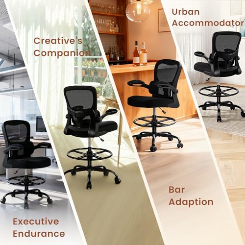 AreShark Drafting Office Chair - Ergonomic Tall Office Chair with Adjustable Footrest Ring - Counter Height Adjustable Rolling Standing Desk Chair with Lumbar Support and Flip-up Armrests for Home