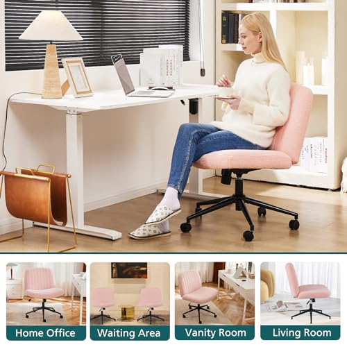 OLIXIS Criss Cross Chair with Wheels Wide Cross Legged Office Desk Vanity Chair Comfy Fabric Armless Adjustable Swivel for Home Computer Task Teddy Pink