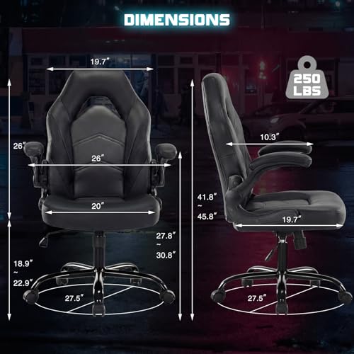 DUMOS Ergonomic Computer Gaming Chair - Home Office Desk with PU Leather Lumbar Support, Height Adjustable Big and Tall Video Game with Flip-up Armrest, Swivel Wheels for Adults, Black