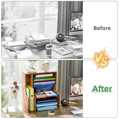 Simple Trending 7 Tier Desk File Organizer, Wooden Letter Tray Paper Organizer with Adjustable File Holder, Mesh Desktop Organizer and Storage for Office Supplies