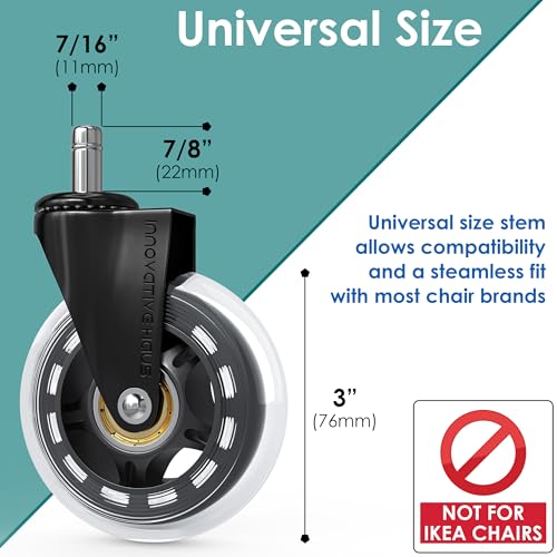 Innovative Haus 3" Heavy Duty Clear Office Chair Wheels Replacement - No Desk Floor Mat Needed - Clear Caster Wheels for Carpet and Hardwood Floors - Universal Fit, Quiet and Smooth Rolling - Set of 5