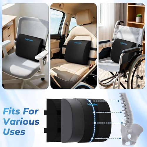 DailyCuddles Lumbar Support Pillow for Office Chair Back Support - Memory Foam Lumbar Pillow for Car or Gaming Chair, Ergonomic Back Cushion with Adjustable Strap for Long-Hour Sitting (Black)