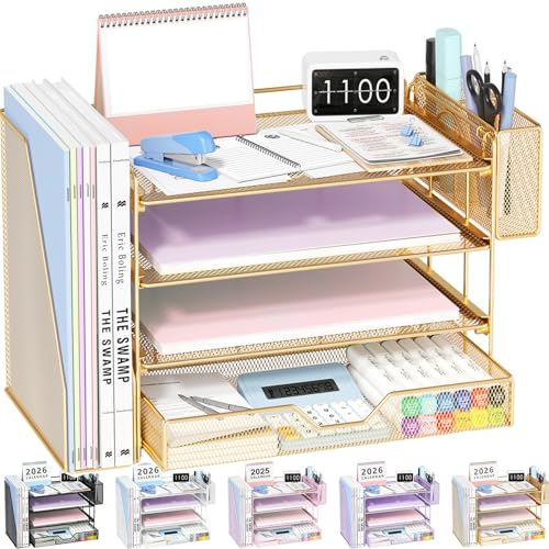 OPNICE Desk Organizers and Accessories, 4-Tier Office Desk Accessories & Workspace Organizers with Drawer and Pen Holder, Desktop Paper Tray File Organizer for Home Office Supplies, Gold