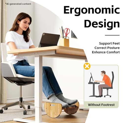 Ergonomic Under Desk Bamboo Footrest, 3-in-1 Reversible Rocking Footrest with Footpads, 4 Adjustable Heights Office Foot Stool, Large Anti-Slip Surface, Improves Posture and Blood Circulation