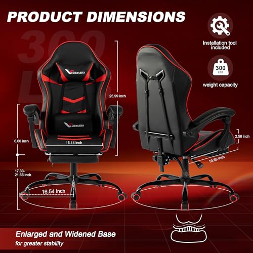 Gaming Chair for Adults, Ergonomic Gamer Chair with Footrest, Spring Pocket Cushion, Computer Office Desk Reclining Chair with Enlarged Metal Base, Linkage Armrests, Lumbar & Headrest (Black & Red)