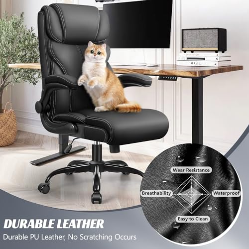 HeroSet Office Chair, Ergonomic Big and Tall Computer Desk Chairs, Executive Breathable Leather Chair with Adjustable Flip-up Armrests, Lumbar Support Swivel PC Chair with Rocking Function,Matte Black