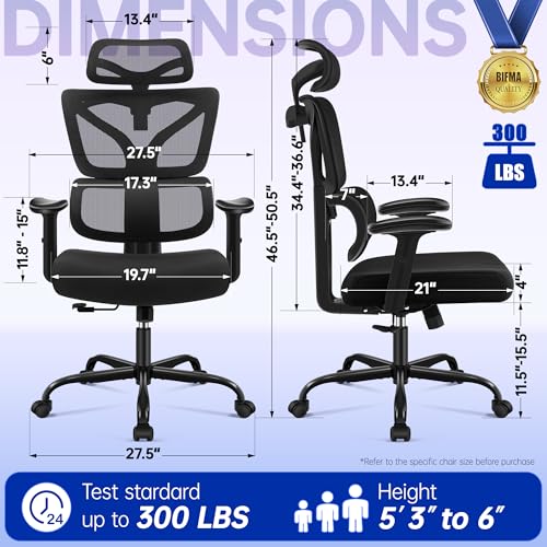 Hayelf Ergonomic Office Chair, High Back Mesh Computer Chair with Comfortable Adaptive Lumbar Support, Built-in Coat Hanger, SGS Class 4 Gas Lift, Heavy Duty 300lbs for Long Hours Home Office, Black
