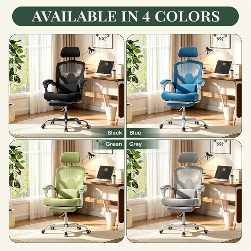 HAPPYMONT Ergonomic Office Chair with Footrest, High Back Home Desk Chair with Lumbar Support & Headrest, 90-135° Reclining Mesh Back Computer Chair with Wheels for Work, Gaming, Grey