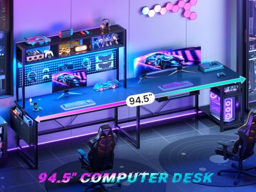SEDETA L Shaped Gaming Desk, Reversible Computer Desk with Power Outlet and Pegboard, Gaming Desk with Led Lights, Keyboard Tray and Storage Bag for Home Office, Black