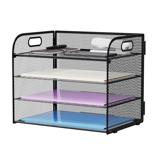 Marbrasse 4 Tier Paper Organizer Letter Tray - Mesh Desk File Organizer with Handle, Paper Sorter Organizer for Letter/A4 Office File Folder Holder (Black, 12.6" x 9.1" x 10.7")