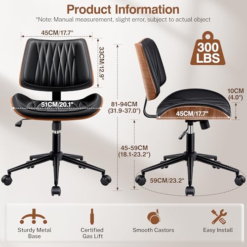 Ergonomic Armless Office Desk Chair - Mid-Century Modern Black Faux Leather with Diamond Stitch, Adjustable Height Swivel Rolling Task Computer Chair with Walnut Accent for Home Office, Study & Work
