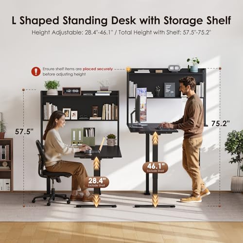 OffiGo L Shaped Electric Standing Desk, 63 Inch Reversible Corner Stand up Table with Hutch, Height Adjustable Ergonomic Large Lift Table for Home Office, Workstation, Black