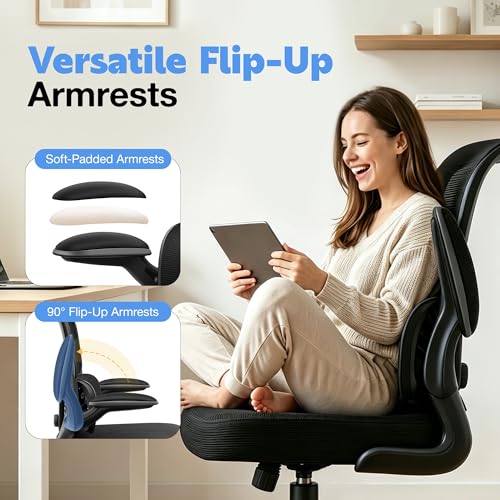 ALLGOD Ergonomic Office Chair, Breathable Mesh Ergonomic Desk Chair with Adjustable Lumbar Support, Flip-up Armrests, Computer Chairs Comfortable for Home, Office, Work, 300lbs, Black, Upgrade