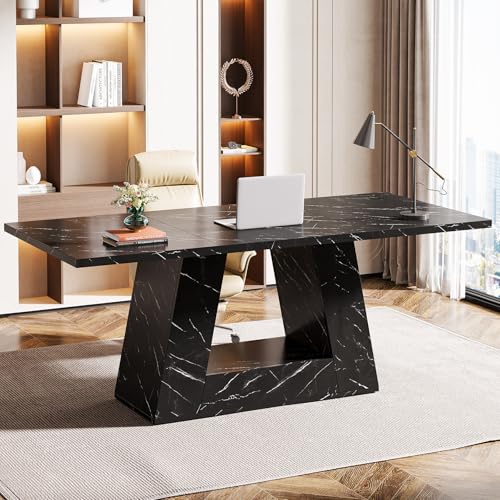 Tribesigns Modern Executive Desk, 63-Inch Large Office Desk Workstation, Simple Style Computer Desk Study Table with Sturdy Base, Wooden Faux Marble Writing Desk for Home Office, Black