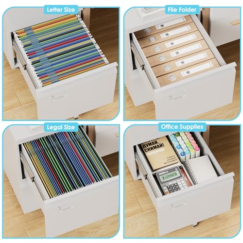GangMei 2 Drawer File Cabinet with Lock, Under Desk Metal Rolling Filing Cabinet for Letter/Legal Size Folder, Mobile File Cabinet with 5 Wheels (Anti-Tilt) for Home Office, Assembly Required, White