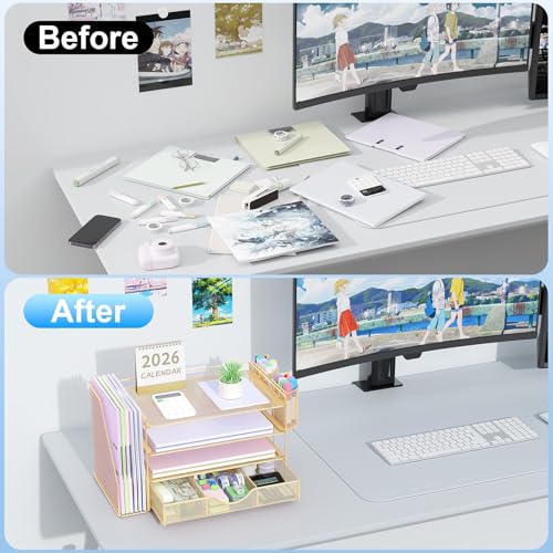 gianotter Desk Organizers and Accessories with File Holder, 4-Tier Desk Accessories & Workspace Organizers with Drawer and 2 Pen Holder, Paper Organizer for Office Supplies(Gold)
