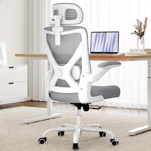 Ergonomic Office Chair: White Computer Desk Chair Comfy Gaming Chair for Adults - Office Chair with Lumbar Support & Headrest - Executive Office Rolling Chairs for Home Work (Grey)