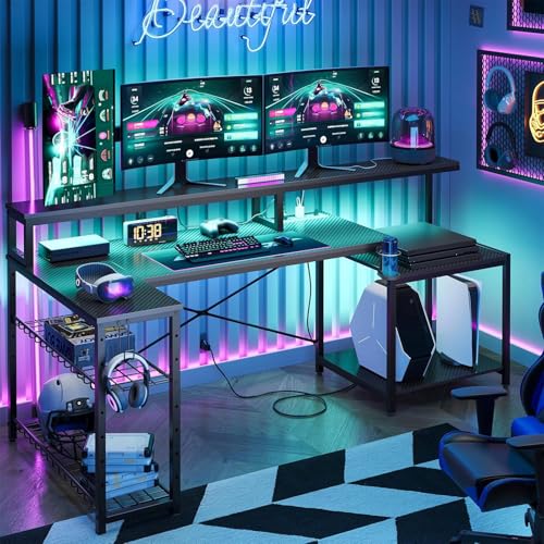 Bestier LED Gaming Desk with Power Outlets, 71 inch L Shaped Computer Desk with Monitor Stand, Large Desk with Printer Stand Adjustable Shelf, Cup Holder & Hooks, Home Office Desk Black