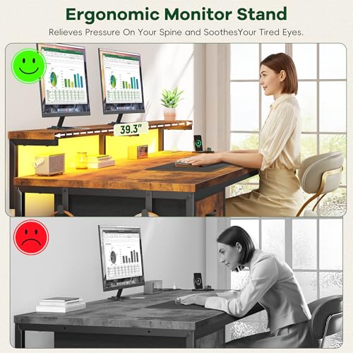 DurayLoly 39.3Inch Office Desk with Power Outlet & Drawer, Gaming Desk with CPU Stand& LED Lights,Computer Desk with Ergonomic Monitor Stand for Small Space,Rustic Brown
