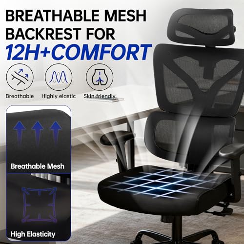 Hayelf Ergonomic Office Chair, High Back Mesh Computer Chair with Comfortable Adaptive Lumbar Support, Built-in Coat Hanger, SGS Class 4 Gas Lift, Heavy Duty 300lbs for Long Hours Home Office, Black